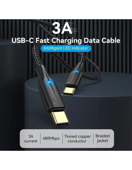 CABLE USB 2.0 VENTION TIPO USB-C/M-C/M LED 480MBPS 3A 0.5M BLACK