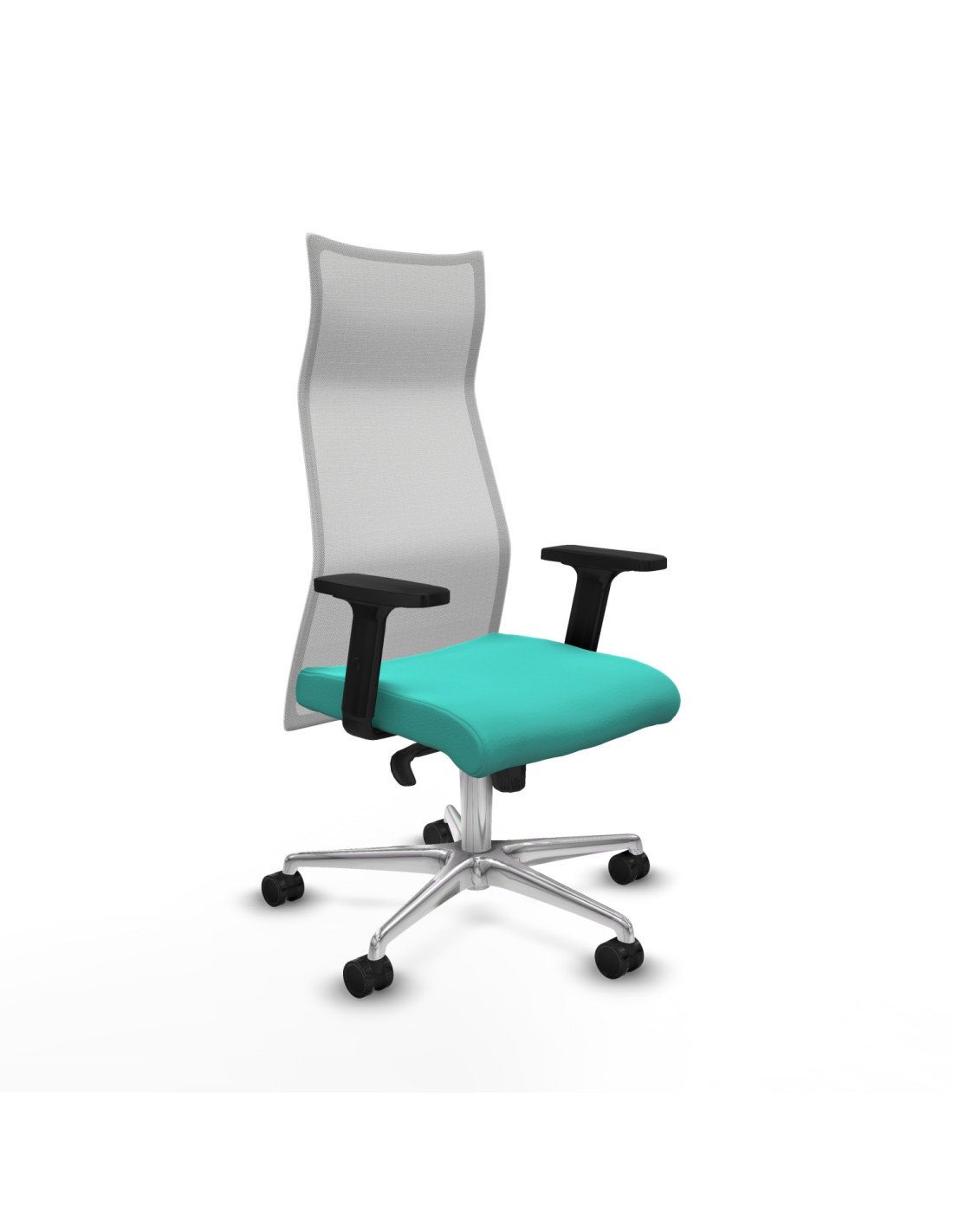 Piqueras y Crespo Albacete malla sincro malla blanca similpiel turquesa brazos 2D base aluminio ruedas 65 mm nailon