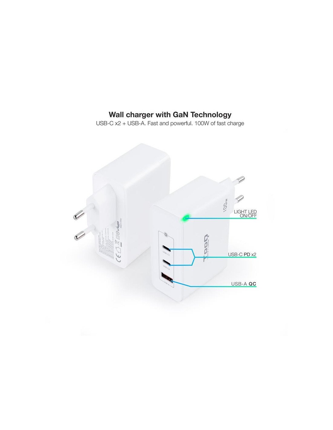 CARGADOR DE PARED TOOQ 100W USB-A/QC+ 2XUSB-C/PD WHITE