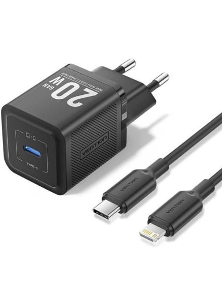 CARGADOR DE PARED VENTION GAN USB-C 20W BLACK + CABLE UCB-C - LIGHTNING 1M BLACK