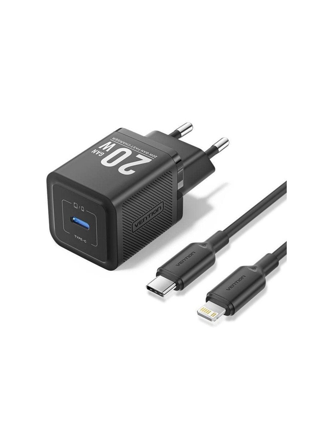CARGADOR DE PARED VENTION GAN USB-C 20W BLACK + CABLE UCB-C - LIGHTNING 1M BLACK