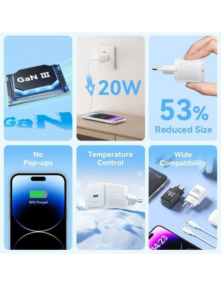 CARGADOR DE PARED VENTION GAN USB-C 20W BLACK + CABLE UCB-C - LIGHTNING 1M BLACK