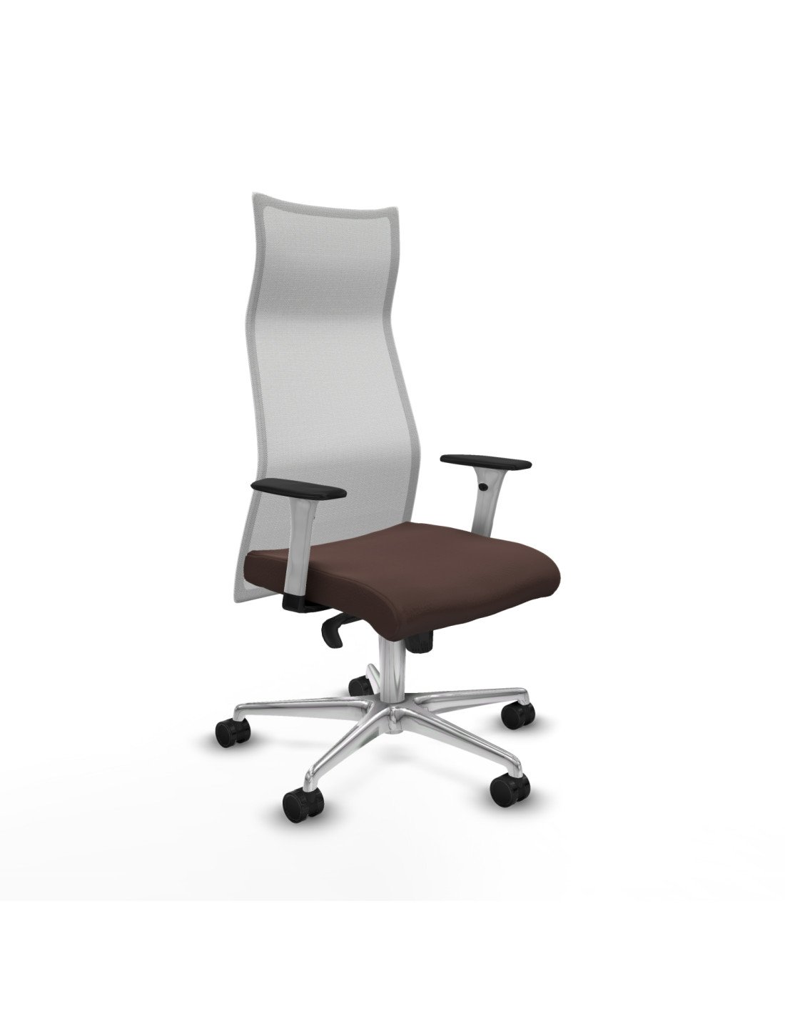 Piqueras y Crespo Albacete malla sincro malla blanca similpiel marr?n oscuro brazos blancos base aluminio ruedas 65 mm nailon