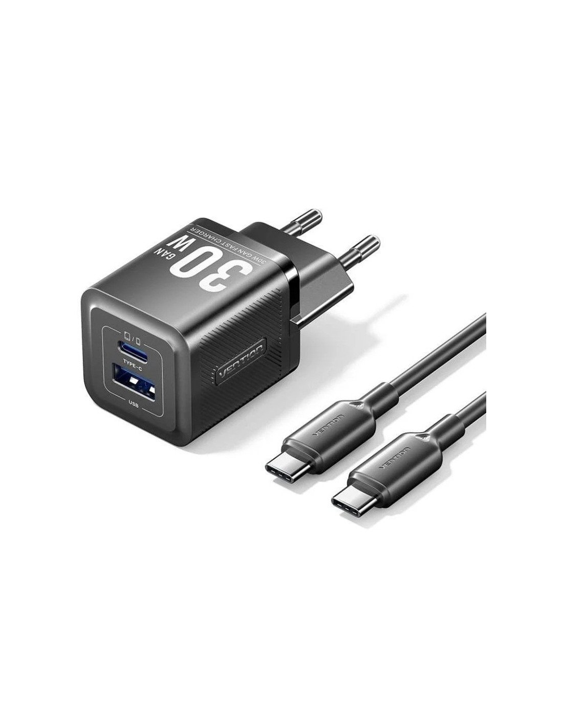 CARGADOR DE PARED VENTION GAN USB-C + USB-A 30W BLACK + CABLE UCB-C 1M BLACK