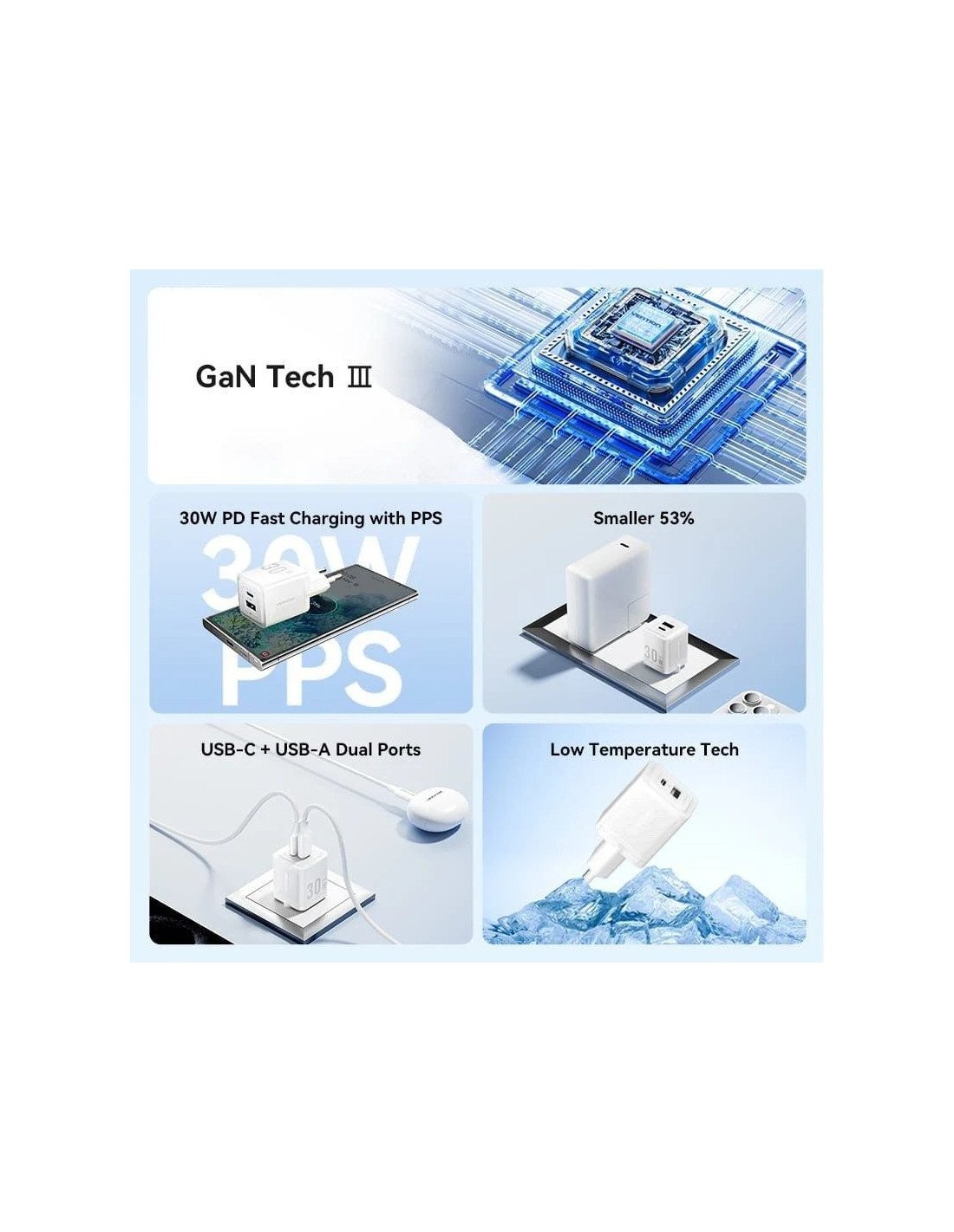 CARGADOR DE PARED VENTION GAN USB-C + USB-A 30W BLACK + CABLE UCB-C 1M BLACK