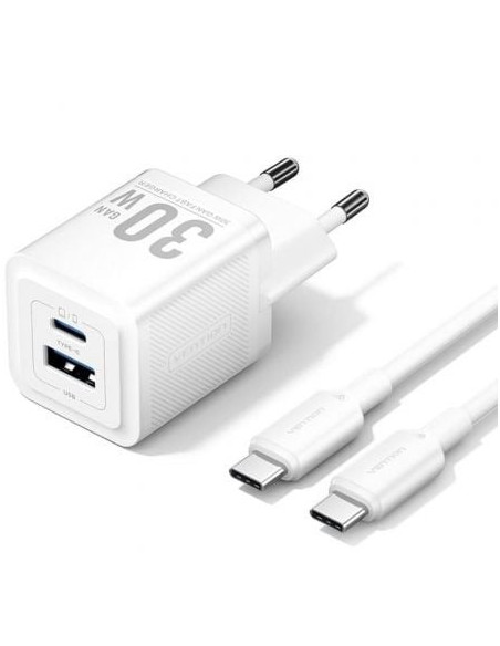 CARGADOR DE PARED VENTION GAN USB-C 30W WHITE + CABLE USB-C 1M WHITE