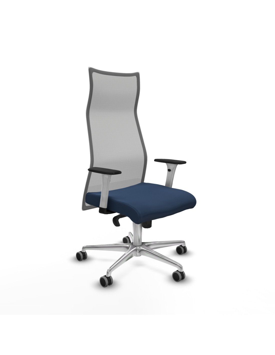 Piqueras y Crespo Albacete malla sincro malla gris similpiel azul marino brazos blancos base aluminio ruedas 65mm engomadas