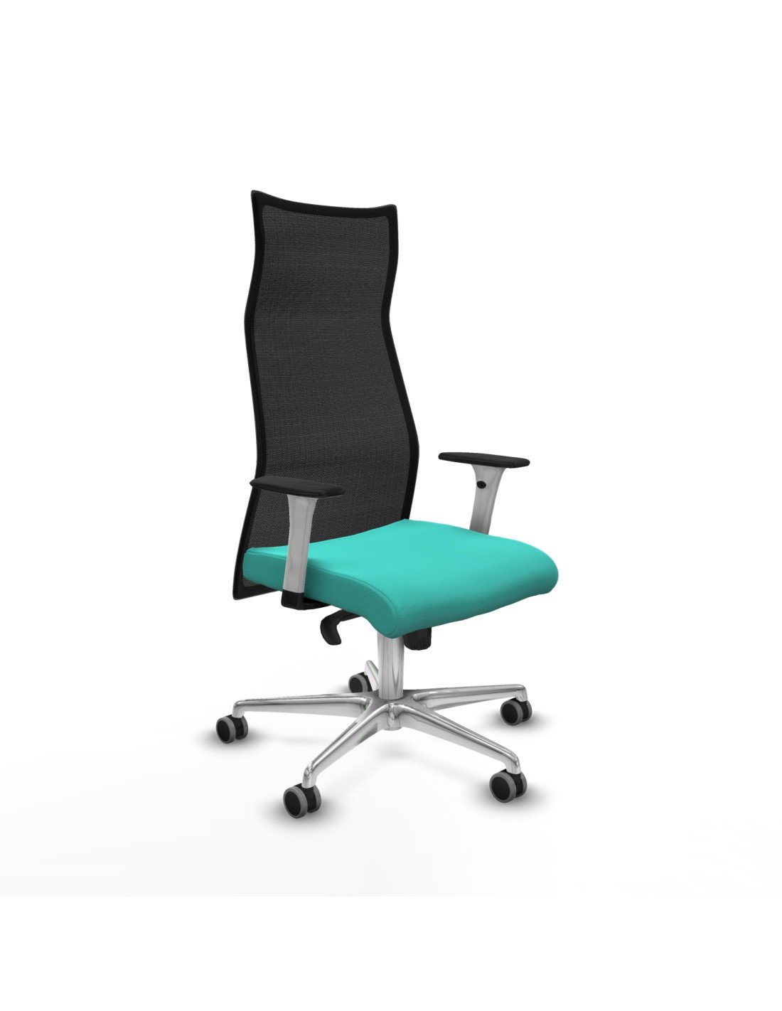 Piqueras y Crespo Albacete malla sincro malla negra similpiel turquesa brazos blancos base aluminio ruedas 65mm engomadas