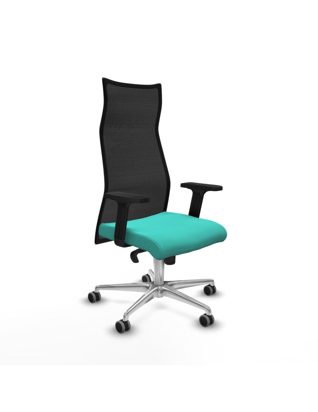 Piqueras y Crespo Albacete malla sincro malla negra similpiel turquesa brazos 2D base aluminio ruedas 65mm engomadas