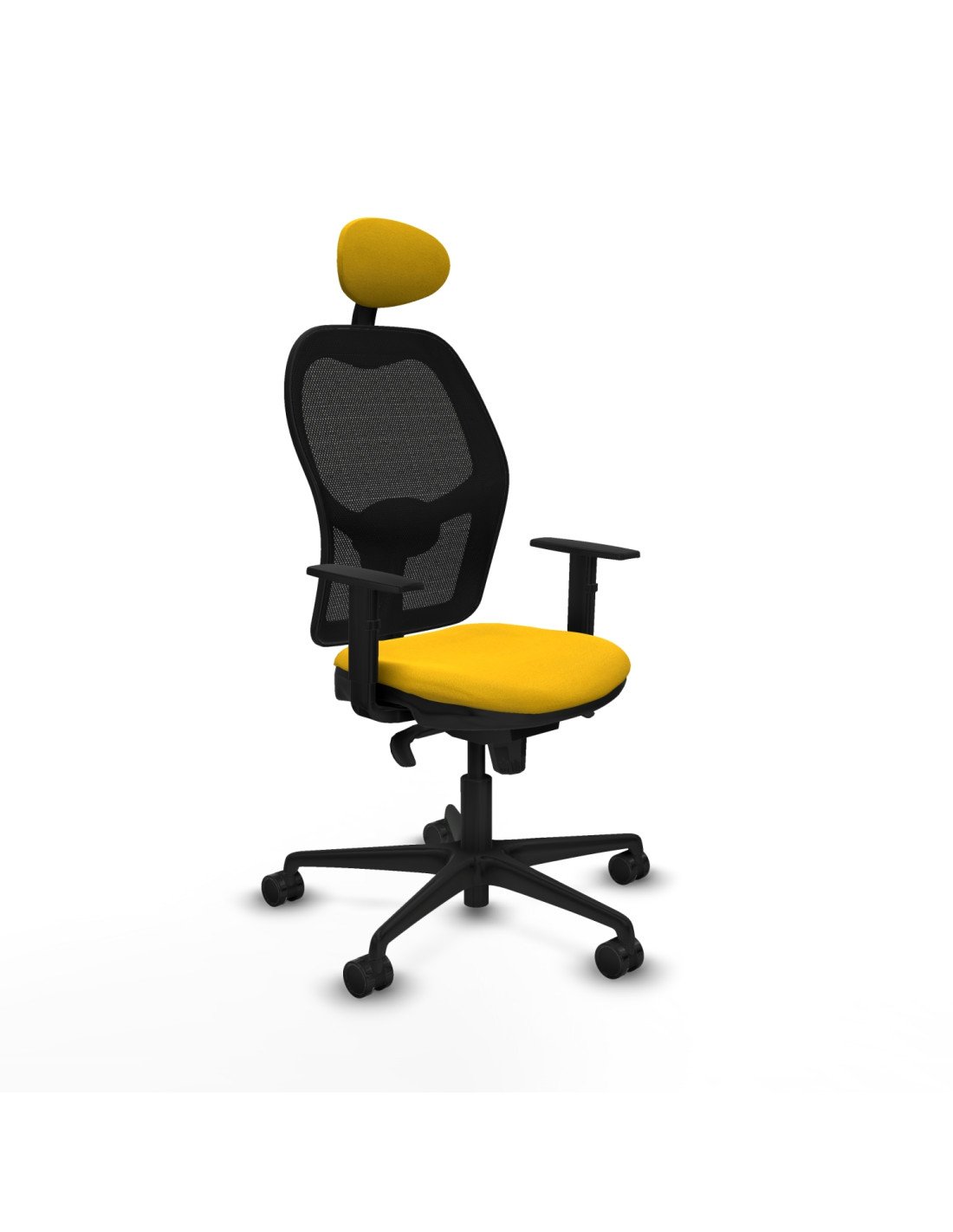 Piqueras y Crespo Jorquera sincro malla negra bali amarillo brazos 1D base nailon cabecero fijo ruedas 65mm nailon