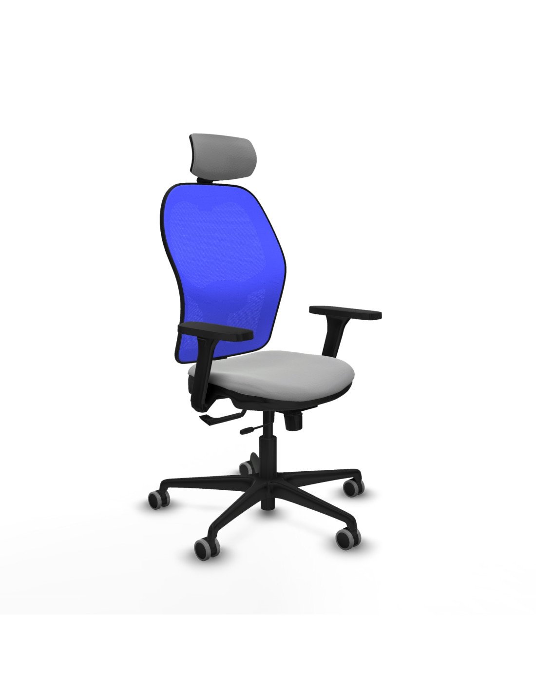 Piqueras y Crespo Jorquera traslack malla azul similpiel gris claro brazos 3D base nailon cabecero 2D ruedas 65mm engomada