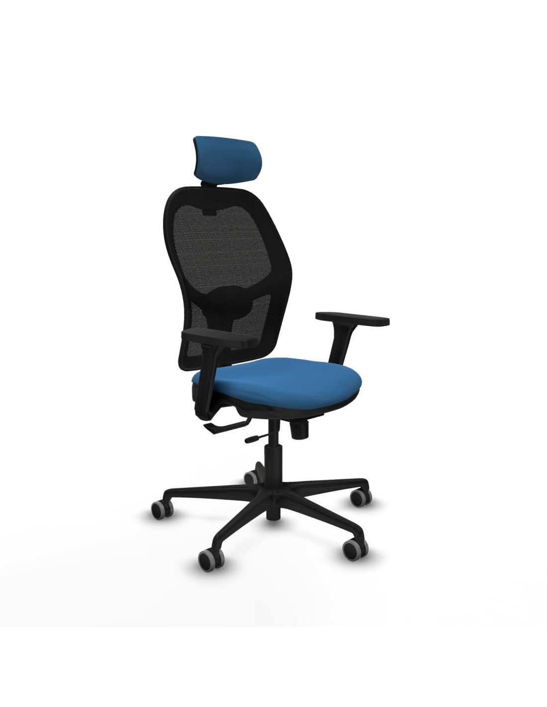 Piqueras y Crespo Jorquera traslack malla negra similpiel azul claro brazos 3D base nailon cabecero 2D ruedas 65mm engomada