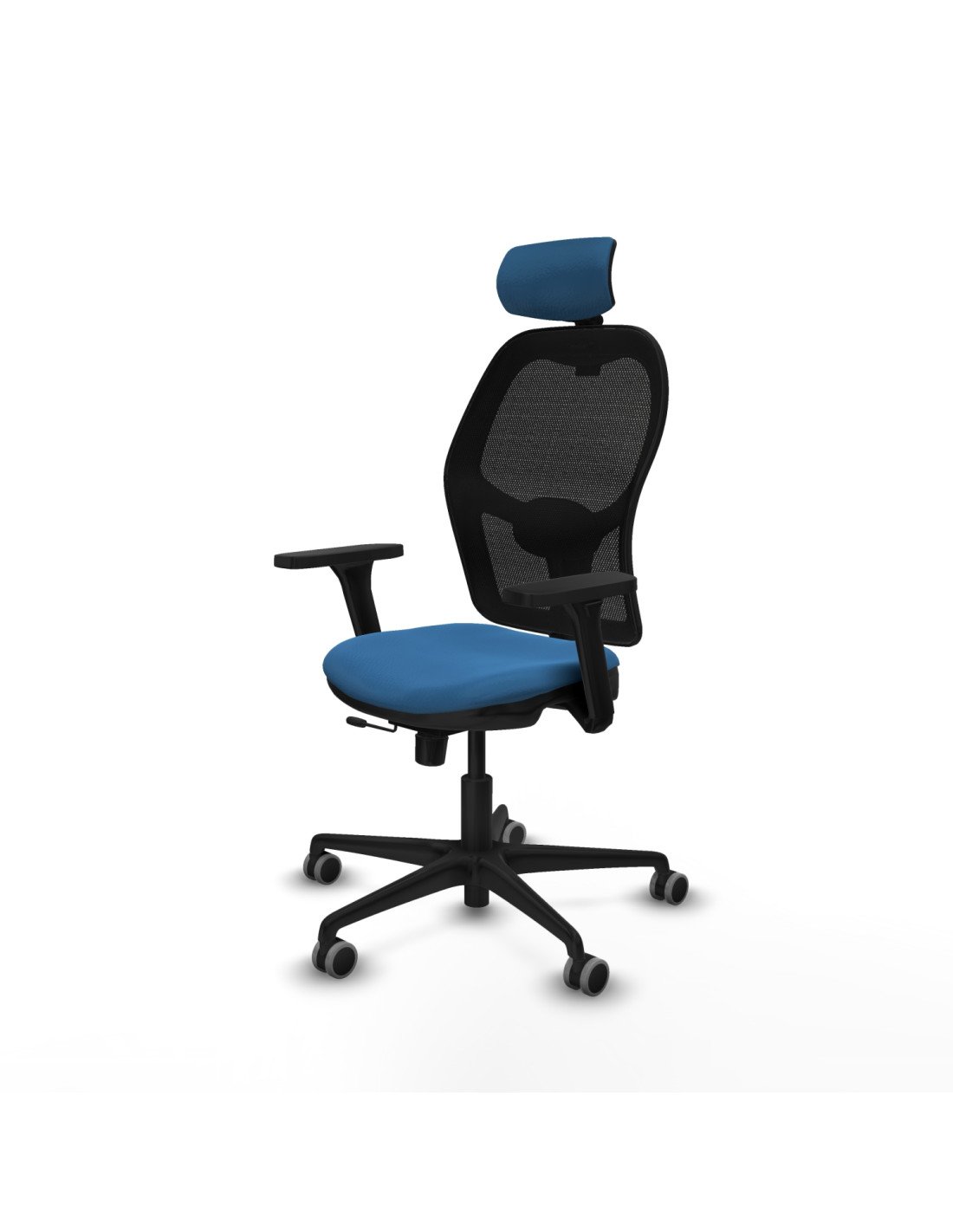 Piqueras y Crespo Jorquera traslack malla negra similpiel azul claro brazos 3D base nailon cabecero 2D ruedas 65mm engomada