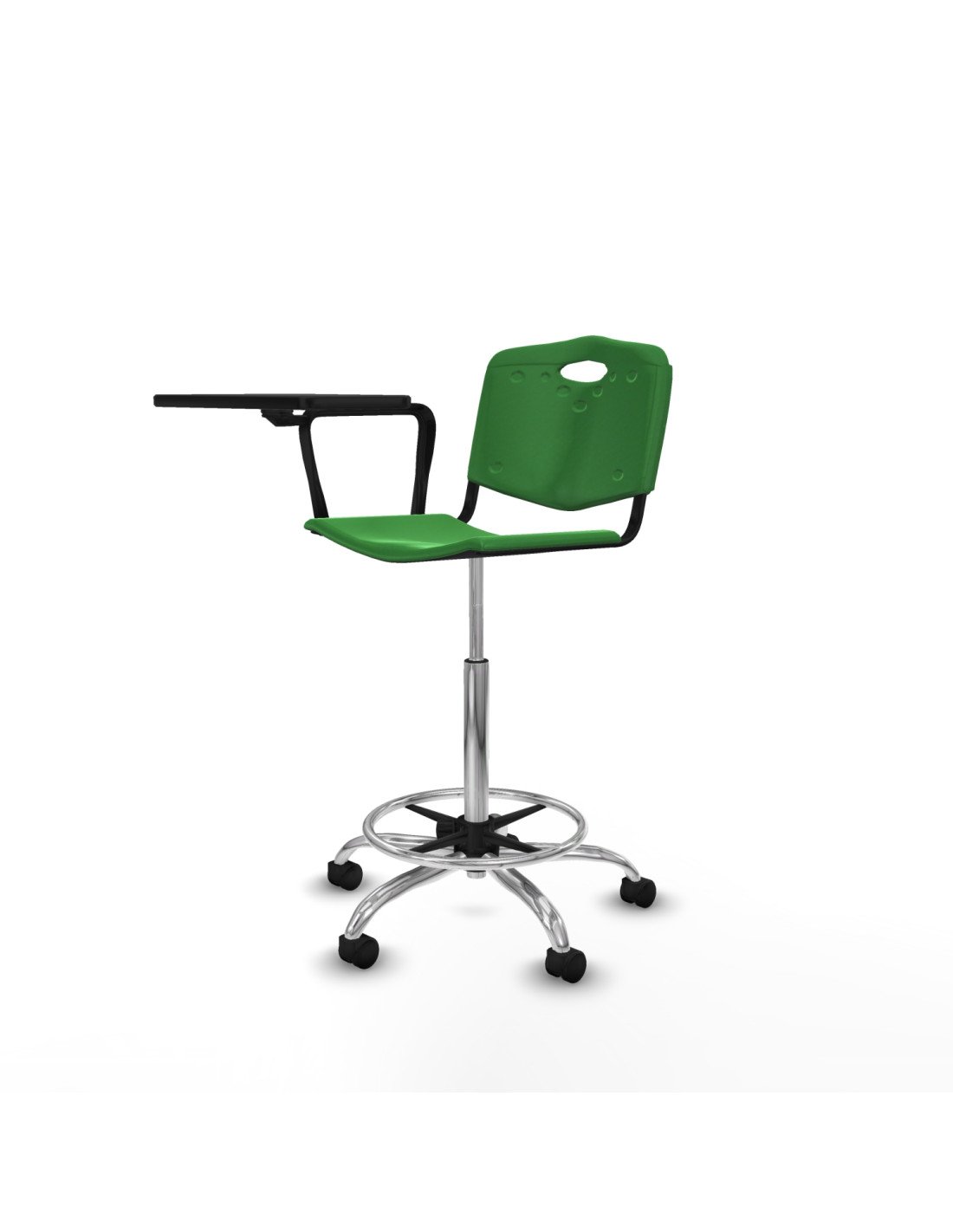 Piqueras y Crespo Taburete Robledo giratorio pl?stico verde brazo con pala diestros base cromada ruedas nailon 50mm