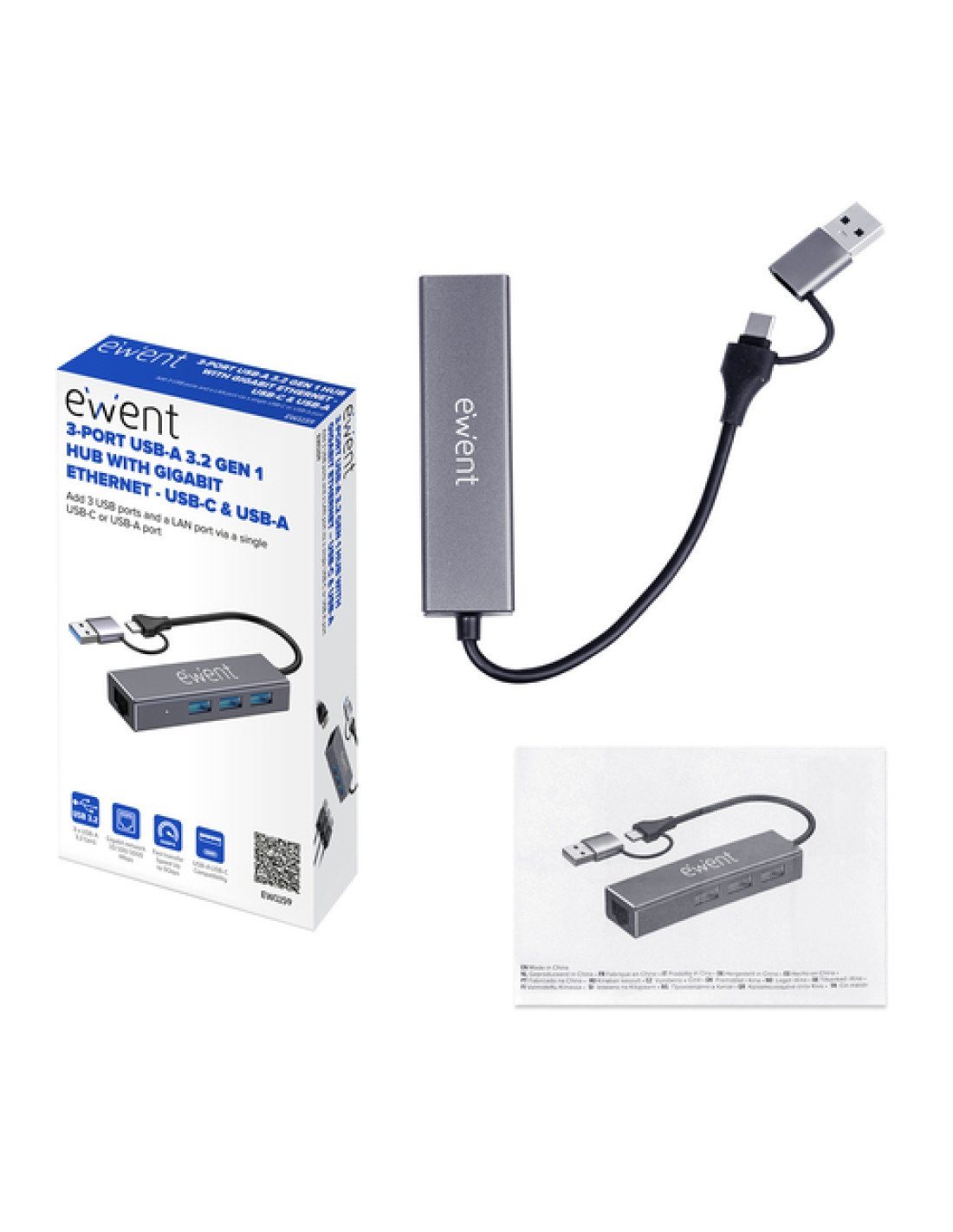 Ewent EW1159 hub de interfaz USB 3.2 Gen 1 (3.1 Gen 1) Type-A + Type-C 5000 Mbit/s Gris