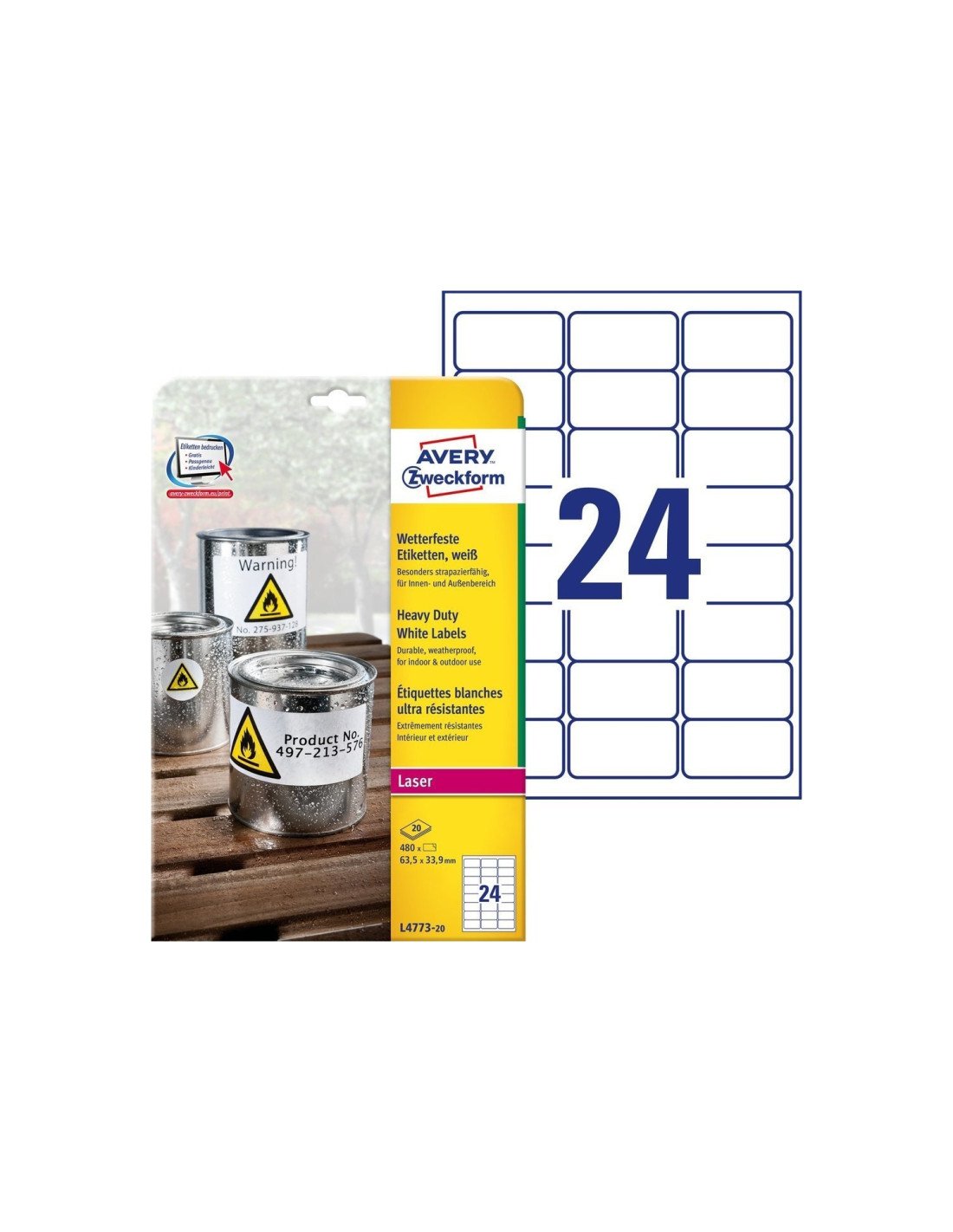 Avery L4773-20 etiqueta autoadhesiva Rectángulo redondeado Permanente Blanco 480 pieza(s)