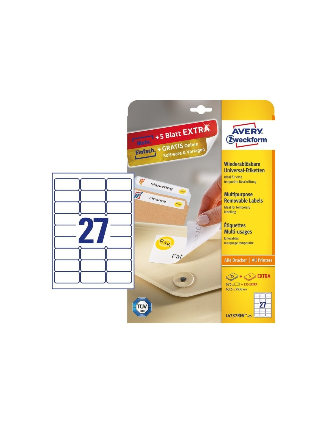 Avery L4737REV-25 etiqueta autoadhesiva Rectángulo redondeado Desmontable Blanco 810 pieza(s)