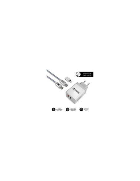 SUBBLIM CARGADOR ULTRA RAPIDO 2xUSB DE PARED PD25W+QC3.0+Cable C to C y lightning Blanco
