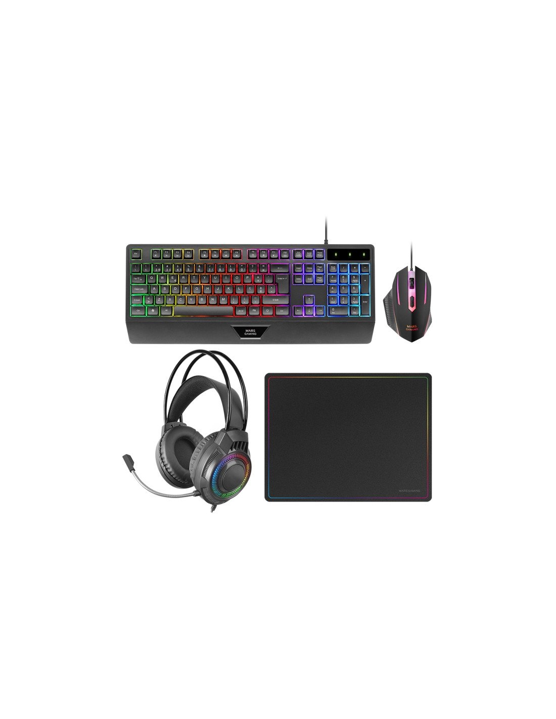 Mars Gaming MCP124PRO, Combo Gaming 4en1, Teclado RGB H-Mech con Reposamuñecas, Ratón RGB 3200DPI y Switches HUANO, Auriculares 