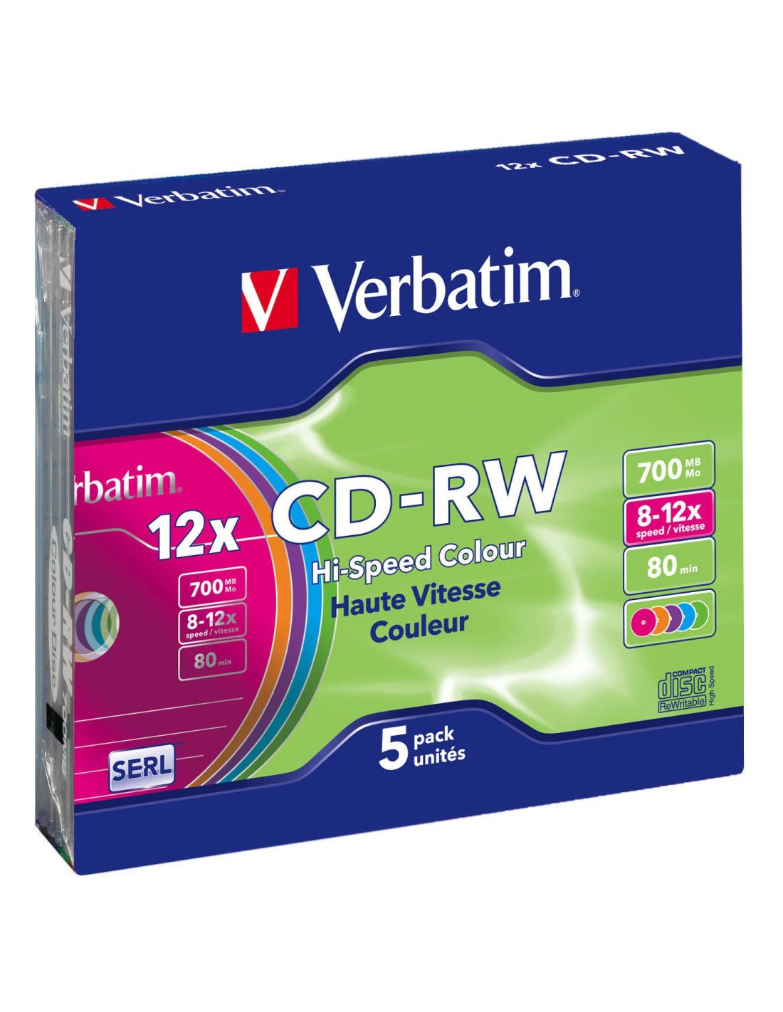 CD-RW VERBATIM 700MB 12x VARIOS COLORES (5 UNIDADES) 43167