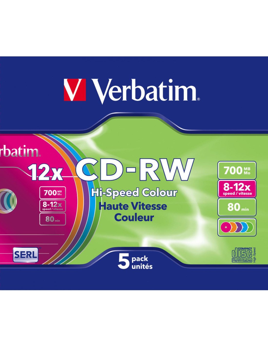 CD-RW VERBATIM 700MB 12x VARIOS COLORES (5 UNIDADES) 43167