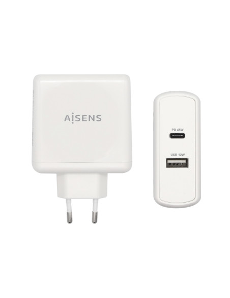 AISENS Cargador 57 W, 1x USB-C PD3.0 45 W, 1x USB-A 5 V / 2.4 A 12 W,