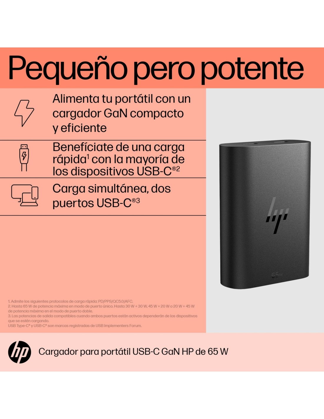 HP Cargador para portátil de con USB-C GaN de 65 W
