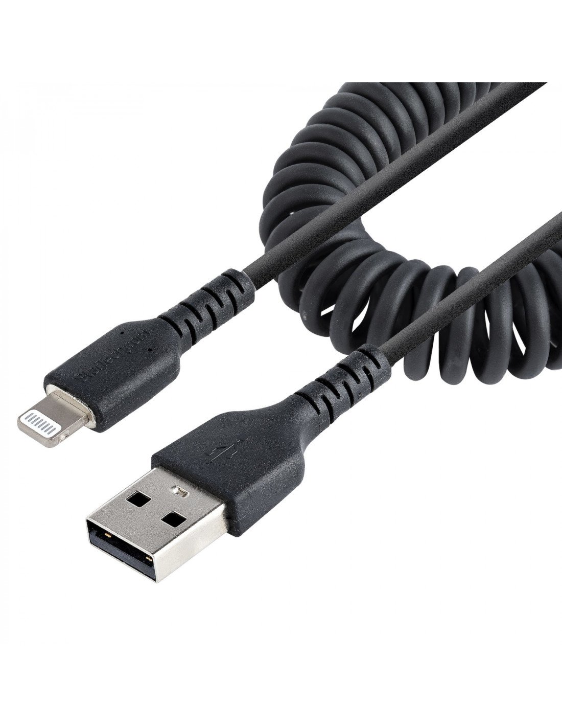 StarTech.com Cable 50cm USB a Lightning con Certificación MFi, Cable Rizado de Carga para iPhone, Negro, con Recubrimiento de TP