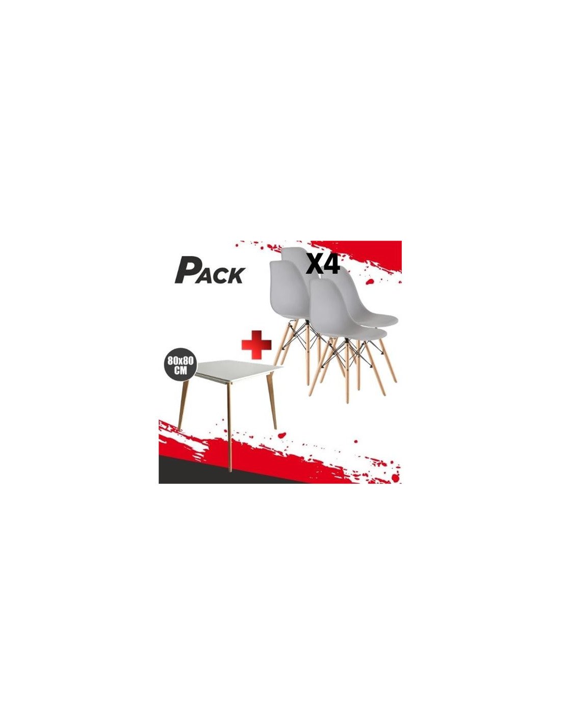 MESA DESIGN D900 80X80CM BLANCA + 4 SILLAS DESIGN D100 GRISES MUVIP