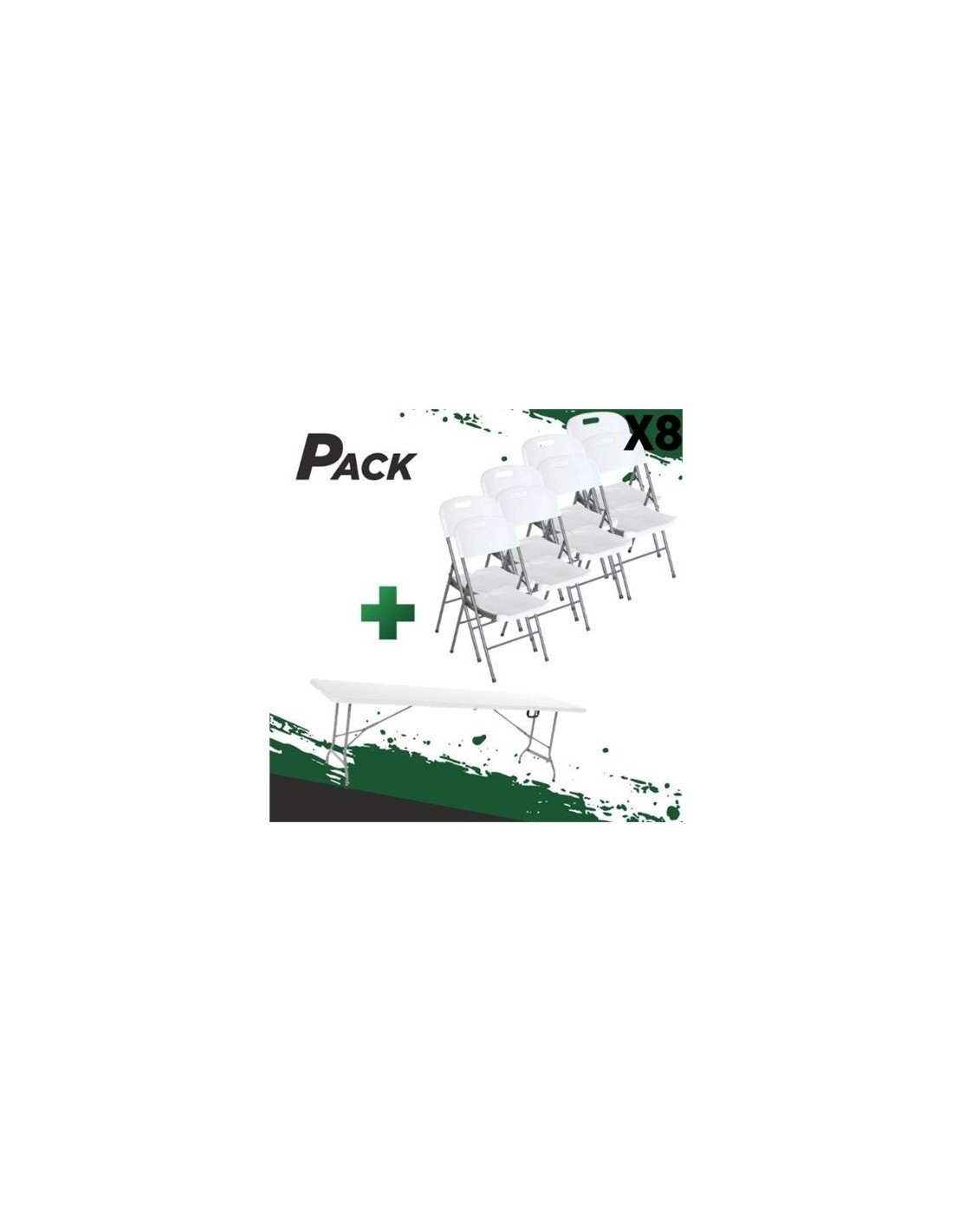 MESA DE RESINA PLEGABLE 240X74X74CM + 8 SILLAS RESINA PLEGABLE PRO 44X53X83