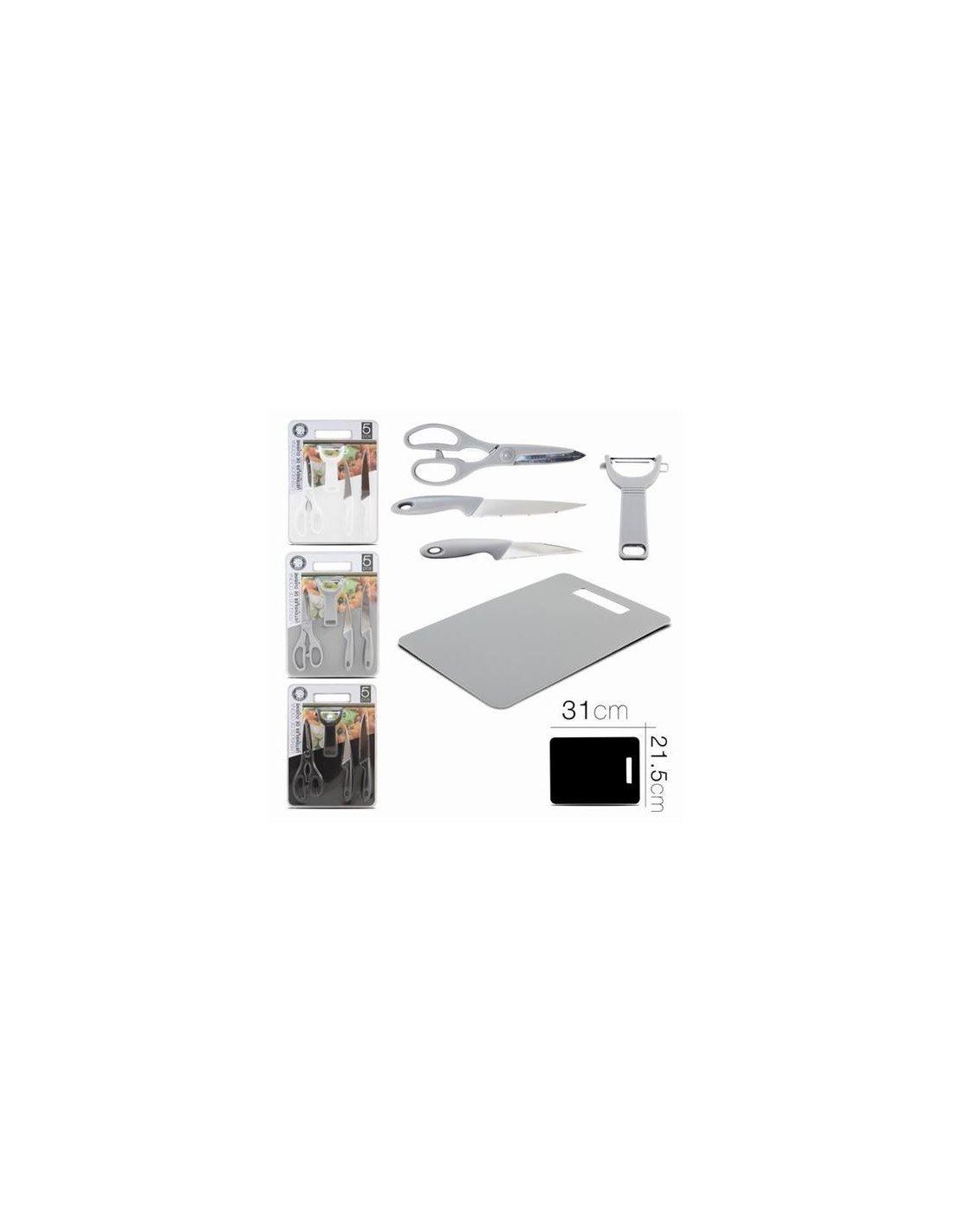 SET TIJERAS + PELADOR + 2 CUCHILLOS + TABLA DE CORTE