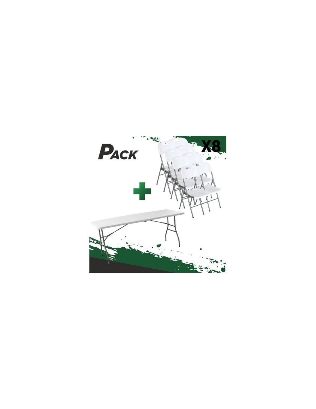 MESA DE RESINA PLEGABLE 180X70X74CM + 8 SILLAS RESINA PLEGABLE PRO 44X53X83