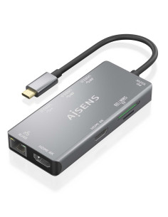 AISENS USB-C Dock 9 En 1, USB-C a 2xHDMI, 1xRJ45, 2xUSB-A USB3.0, 1xUSB-A USB2.0, 1xUSB-C PD, 1xSD, 1xMicro SD, Gris, 15cm
