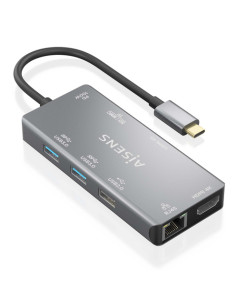 AISENS USB-C Dock 9 En 1, USB-C a 2xHDMI, 1xRJ45, 2xUSB-A USB3.0, 1xUSB-A USB2.0, 1xUSB-C PD, 1xSD, 1xMicro SD, Gris, 15cm 2