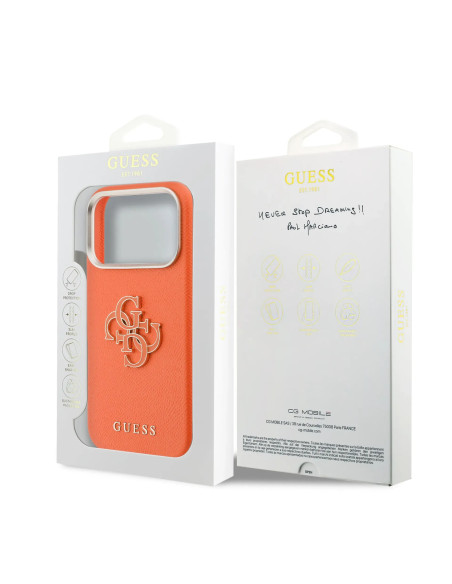 Carcasa iPhone 17 Pro Max Efecto Piel Naranja con Logo Guess