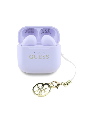 AURICULARES GUESS LILA CON LOGO Y CHARM