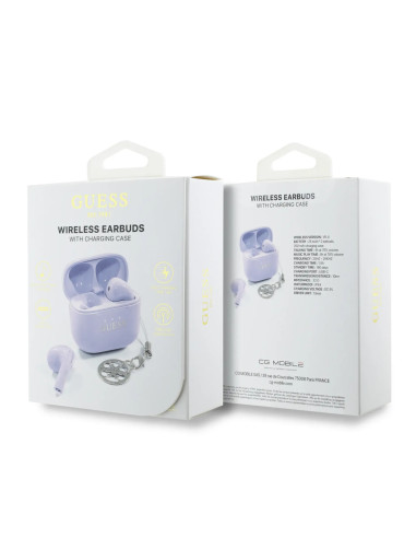AURICULARES GUESS LILA CON LOGO Y CHARM