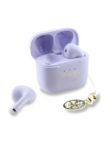 AURICULARES GUESS LILA CON LOGO Y CHARM
