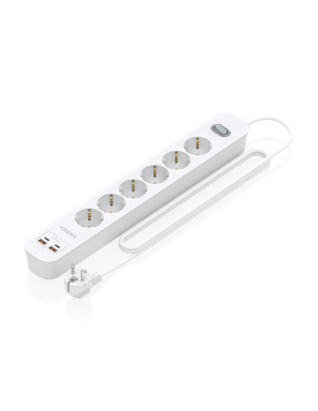 AISENS Regleta de Enchufes Multifuncion con 6 Tomas + Cargador PD3.0 20W 2xUSB-C, 2xUSB-A, 1.4m, Blanco