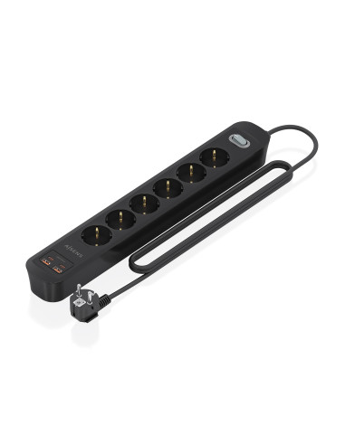 AISENS Regleta de Enchufes Multifuncion con 6 Tomas + Cargador PD3.0 20W 2xUSB-C, 2xUSB-A, 1.4m, Negro