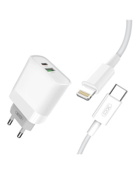 CARGADOR DE CORRIENTE 18W TIPO C + USB QC 3.0 CON CABLE TIPO C A LIGHTNING