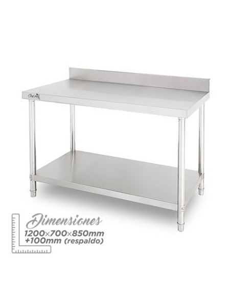 MESA DE TRABAJO ACERO INOXIDABLE 120X70X85CM CON RESPALDO CHEF PRO
