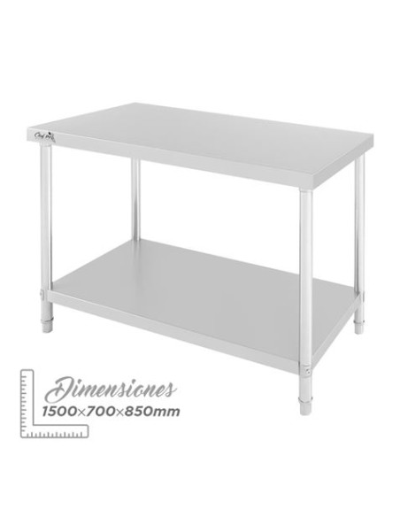 MESA DE TRABAJO ACERO INOXIDABLE 150X70X85CM CHEF PRO