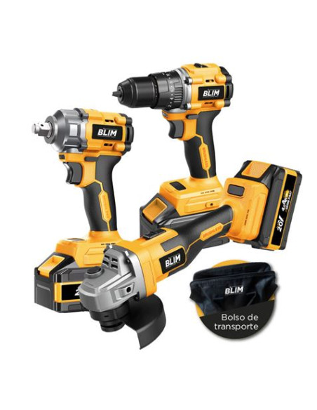 PACK 20V TALADRO + LLAVE IMPACTO + RADIAL S/CARBONES | 2 BATERIAS 4AH BLIM