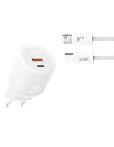 CARGADOR RAPIDO USB-A / USB-C 20W CON CABLE LIGHTNING L144 BLANCO XO
