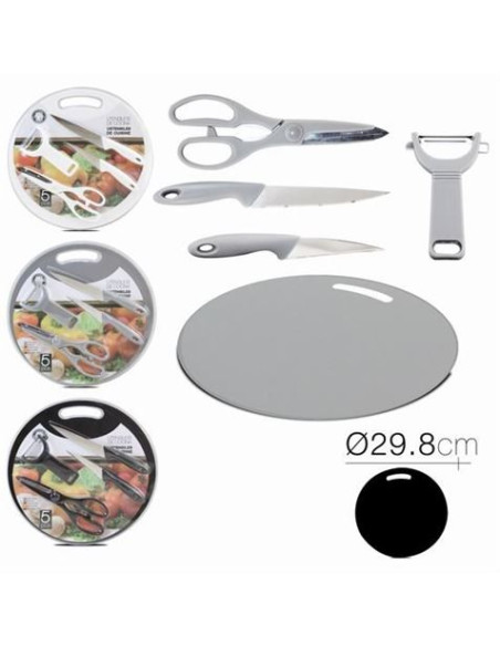 SET TIJERAS + PELADOR + 2 CUCHILLOS + TABLA DE CORTE CIRCULAR