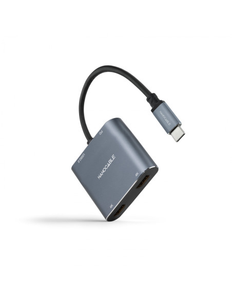 Nanocable Conversor USB-C a 2xHDMI/USB2.0/PD, 15 cm, Gris