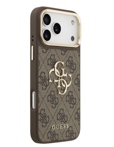 CARCASA GUESS IPHONE 17 PRO MARRÓN CON LOGO Y SOPORTE PARA CÁMARA