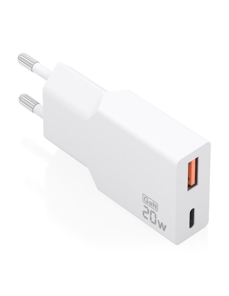 AISENS Cargador Ultra Delgado GaN 20W, 1xUSB-C PD3.0 QC4.0, 1xUSB-A