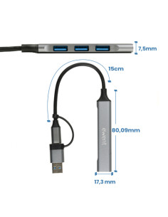 Ewent EW1154 hub de interfaz USB 3.2 Gen 1 (3.1 Gen 1) Type-A + 2